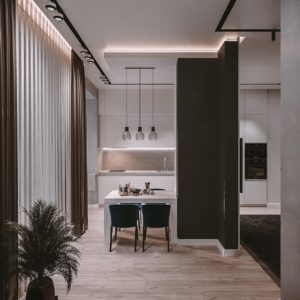 Парящий потолок с трековой системой на кухню 30 м²