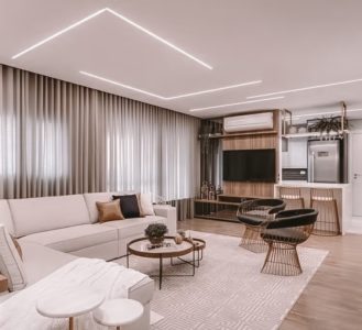 Натяжной потолок со световыми линиями в зал 28 м²